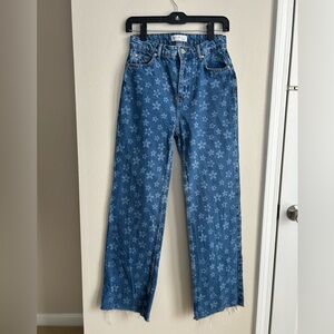 Primark Blue Floral Flower Print High Rise Raw Hem Denim Straight Leg Jeans Sz 4